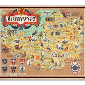 Somerset : carte | affiche illustrée vintage | 1950 | Impression murale de carte ancienne| Affiches d&#39;art mural| salle de bain | Portishead | Glastonbury | Camelot | Yeovil
