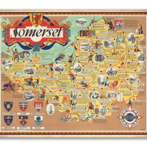 Somerset Map Vintage Pictorial Poster 1950 Old Map Wall Print Poster Wall Art bath Portishead Glastonbury Camelot Yeovil image 1