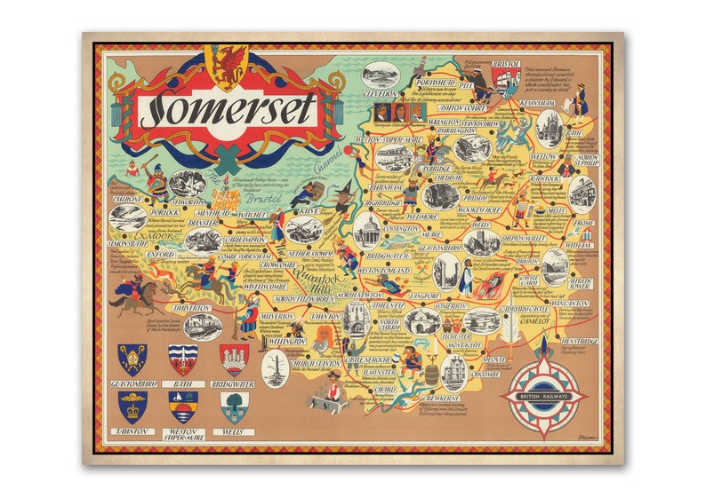 Somerset Map Vintage Pictorial Poster 1950 Old Map Wall Print Poster Wall Art bath Portishead Glastonbury Camelot Yeovil image 1