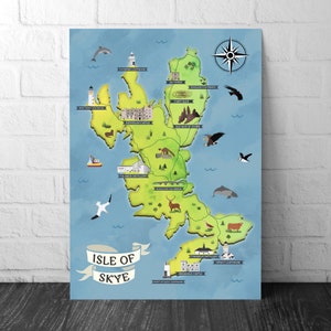 Île de Skye : carte | Poster illustré | Distilleries de whisky | Phares | Highlands écossais | Château | Monuments | Macareux moine | Sceau | Cerf