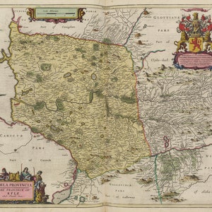 May include: An antique map of the province of Kyle in Scotland, with a detailed depiction of rivers, lakes, and towns. The map is surrounded by a decorative border with a coat of arms and text that reads "Coila Provincia, The Province of Kyle".