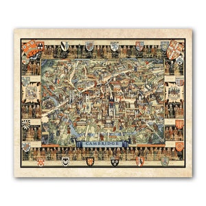 A pictorial map of Cambridge | Vintage Antique | 1948 | Old Map Wall Print| Poster Wall Art|Wall Art|Kerry Lee