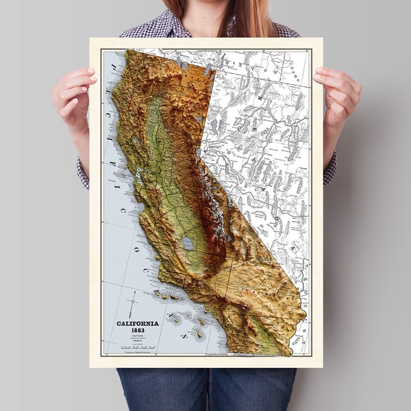 California Map - 1883 Vintage California Shaded Relief Map - 3D Illusion - Modoc - Tehama - Delnorte - Colusa - Menoocino -  San Bernardino