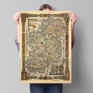 Landkarte von Irland, Vintage bildliches irisches Poster mit historischen Persönlichkeiten, 1936