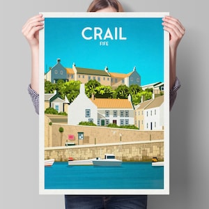 May include: A colourful illustration of the town of Crail, Fife, Scotland. The illustration features a row of colourful houses on a hill overlooking a harbour with boats. The text "Crail, Fife" is printed at the top of the illustration.