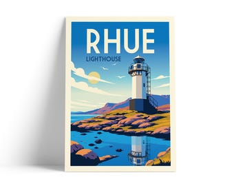 Rhue Lighthouse Scotland Print | Ullapool Scottish Highlands Travel Poster | Vintage Coastal Wall Art | Retro Lighthouse Print A4 A3 A2 A1