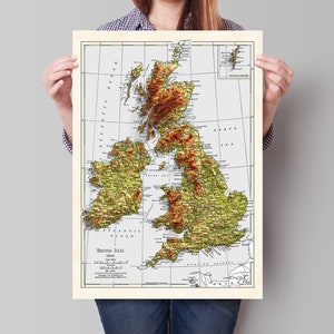 Kaart van de Britse eilanden - 1943 - 2D gearceerd reliëf - Verenigd Koninkrijk - Engeland - Ierland - Wales - Ierland; land - Noordereiland - Muurkunst