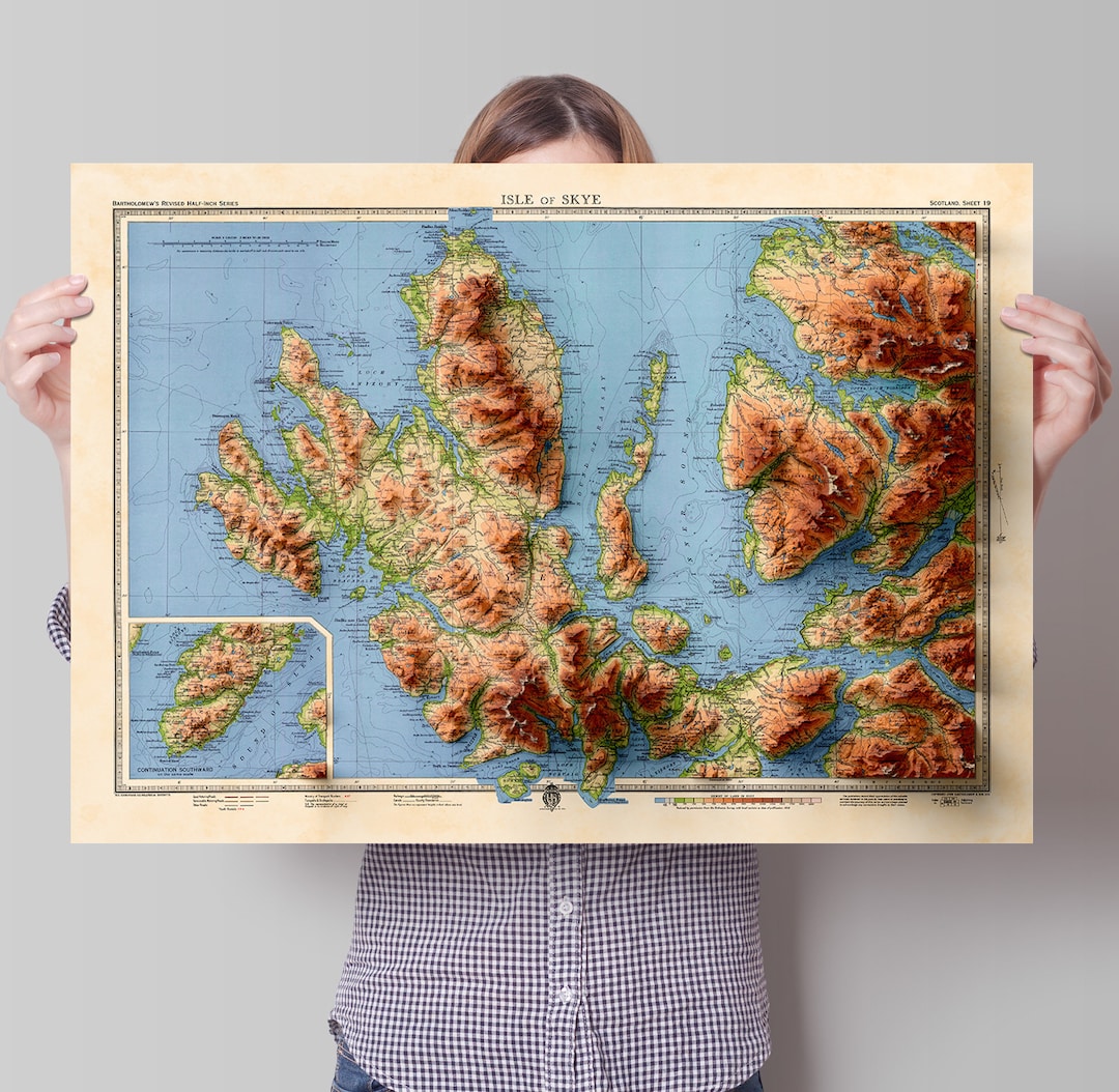 Skye Map - Isle of Skye - 2D Giclée Vintage 3D Effect Shaded Relief ...