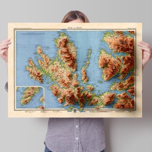 Kaart Skye - Isle of Skye - 2D giclee vintage print met schaduwreliëf met 3D-effect - hoogteposter - kaartkunst - vintage stijl - Portree - Dunvegan