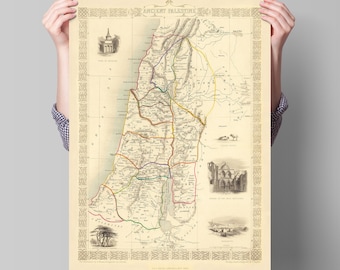 Ancient Palestine, 1851. Israel and Judean - Jerusalem, Samaria, Galilee, West Bank, Gaza ,biblical Map, historic sites, Bible Study