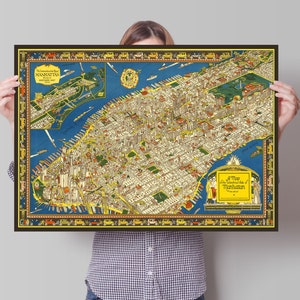 Manhattan Map - A Map of the wondrous isle of Manhattan - Old Vintage Pictorial Poster - 1926 - Charles Vernon Farrow Print