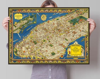 Manhattan Map - A Map of the wondrous isle of Manhattan - Old Vintage Pictorial Poster - 1926 - Charles Vernon Farrow Print