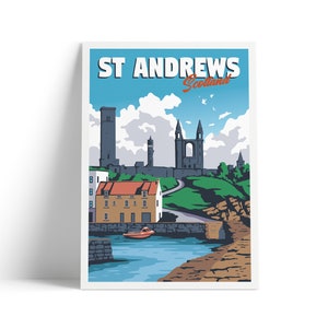 St Andrews Harbour Print -  St Rule&#39;s Church - East Neuk of Fife - St Andrews Cathedral - Fishing Village - Scotland Illustration Art
