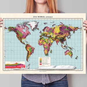 World Geology Map - 1944 Vintage Geological World Poster - Geological Survey 3D effect shaded relief Print - Reproduction Print