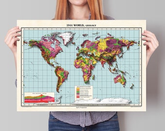 World Geology Map - 1944 Vintage Geological World Poster - Geological Survey 3D effect shaded relief Print - Reproduction Print