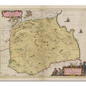 May include: An antique map of Mercia, an Anglo-Saxon kingdom in England, with detailed borders and place names. The map is surrounded by a decorative frame with a title cartouche and a coat of arms.