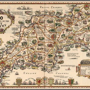 Bildplan vom Westen Country. | Eine Esso Karte vom Westen Country |  Vintage Antik | 1932 | Alte Landkarte | Englisch Maps | Süd-West