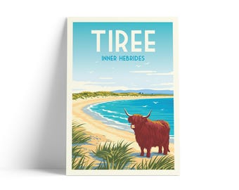 Tiree Travel Poster – Inner Hebrides Scotland Print | Highland Cow Beach Art | Scottish Island Wall Art
