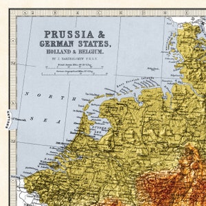 Mapa de Prusia y los estados alemanes, Holanda y Bélgica Impresión topográfica del mapa de Bartolomé Impresión 2D Giclée Retro imagen 2