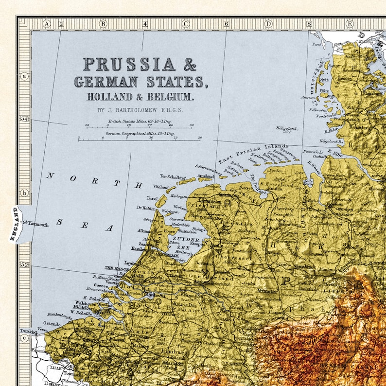 Mapa de Prusia y los estados alemanes, Holanda y Bélgica Impresión topográfica del mapa de Bartolomé Impresión 2D Giclée Retro imagen 2