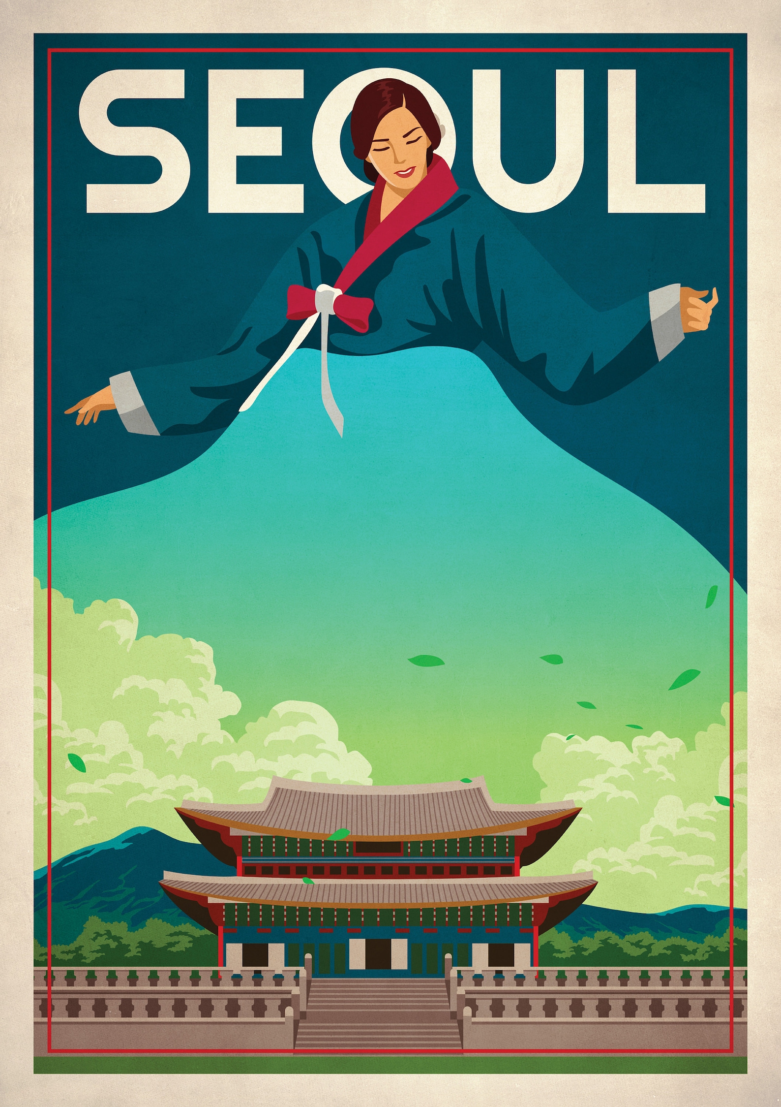 Seoul Travel Poster Vintage Looking South Korea Illustration Etsy