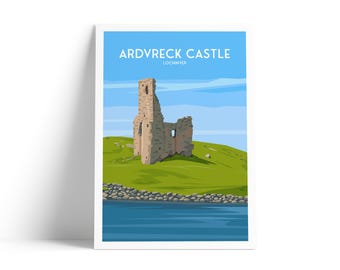 Ardvreck Castle Travel Poster, Lochinver Wall Art Print – Scottish Highlands Illustration | A4–A1, Matt or Satin Finish