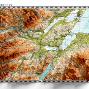 Impression de carte topographique Inverness - vintage - rétro - carte géologique - impression en relief à effet 3D