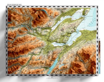Inverness Topographic Map Print - Vintage - Retro - Geological Map - 3D effect relief Print