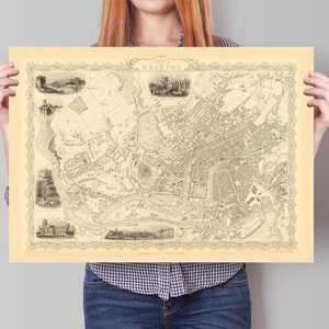 Old Map of Clifton and Bristol | 1851 | Temple Meads, Castle, Redcliffe, Brandon Hill, Queen Square | Vintage Poster