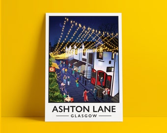 Ashton Lane Print - Glasgow West End Poster -  Busy street illustration - Scottish Art