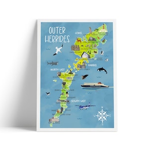May include: A framed print featuring a colorful map of the Outer Hebrides islands. The map includes illustrations of landmarks, animals, and transportation, such as a ferry and a plane. The title "Outer Hebrides" is displayed at the top in a stylized font.