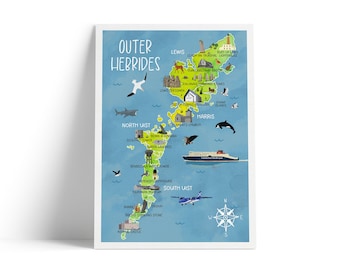 Outer Hebrides Illustrated Map Print Lewis and Harris, Uist & Barra
