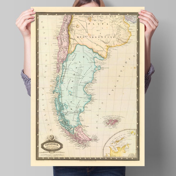 Patagonia Map | Patagonie, Detroit de Magellan, Terres Australes | 1860 | Vintage Print | Argentina | Chile | Andes | South America