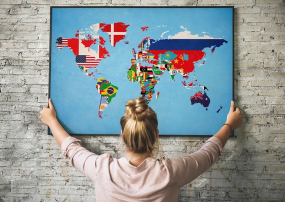 World Map Of Flags Country Map Poster Educational Art Etsy