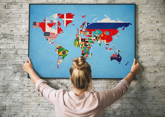 World Map Of Flags Country Map Poster Educational Art Etsy