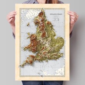 Carte de l'Angleterre et du Pays de Galles - Carte des reliefs - 1871 - Poster giclée vintage 2D - Impression en relief ombré effet 3D
