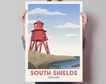 South Shields Groyne Lighthouse Travel Poster, Minimalist Wall Art,  North East Tyne and Wear England UK, Wall Art Prints
