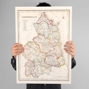 Northumberland Map | Old Map of Northumberland County  | 1844 |  Samuel Lewis | Vintage Print | Morpeth | Ashington | Blyth | Cramlington