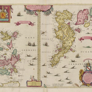 Alte Shetland & Orkney Karte | Orcadvm et Schetlandiae Insvlarvmgenaue Beschreibung | Alte Antike Landkarte | 1665 | Karte Blaueu | Schottische Landkarten