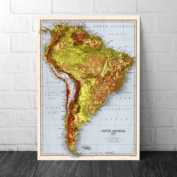 Südamerika Karte - Höhenkarte - 2D Vintage Poster - Brasilien