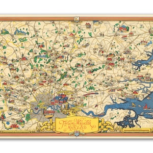 May include: A vintage illustrated map of Taylor Walker Maryland, featuring a detailed depiction of the area with roads, waterways, and landmarks. The map is in a colourful style with a yellow, red, and blue colour scheme.