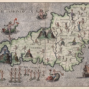 Poly-Olbion - carte des Cornouailles et du Devonshire, Angleterre | Reproduction antique vintage | 1622 | Ancienne carte | Carte illustrée de Michael Drayton
