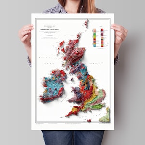 Geologie hoogtekaart Britse eilanden - 2D-reliëfkaartafdruk met 3D-illusie - professioneel gerestaureerde poster van het Verenigd Koninkrijk en Ierland