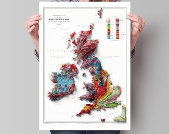 British Islands Geology Elevation Map - 2D Relief Map Print With 3D Illusion - Professionally Restored Poster of United Kingdom & Ireland