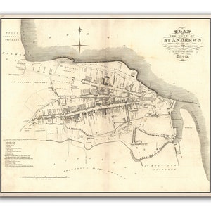 Alte Karte von St.Andrews | Alte schottische Landkarte | Kunstdruck | Antike Stadtvermessung von John Wood, St Andrews Universität, aus dem Jahr 1820