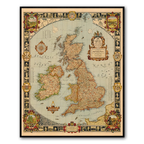 Story Map von Vereinigtes Königreich Großbritannien Vintage Karte | Vintage Poster Wand Kunst Druck |Antike Landkarten | Antikes Großbritannien | Vintage Landkarten