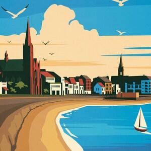 May include: A colorful illustration of a seaside town with a church steeple, buildings, and a sailboat in the blue water. The sky is a light blue with white clouds.