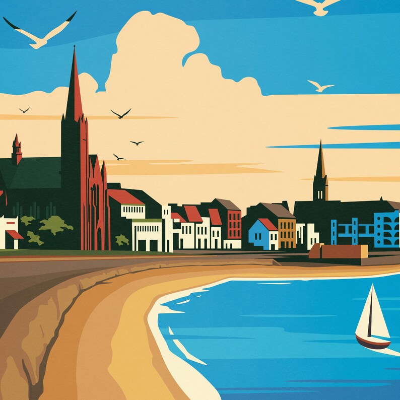 May include: A colorful illustration of a seaside town with a church steeple, buildings, and a sailboat in the blue water. The sky is a light blue with white clouds.