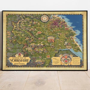 Alte Landkarte von Yorkshire | Vintage England| Britische Karte | Bildkarte | Interessante Landkarten | York | Rumpf | Bridlington | Scarborough | Beverley