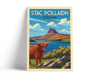 Stac Pollaidh Scotland Travel Poster | Highland Cow Print | Scottish Highlands Mountain Wall Art | Vintage Landscape Poster | A4 A3 A2 A1